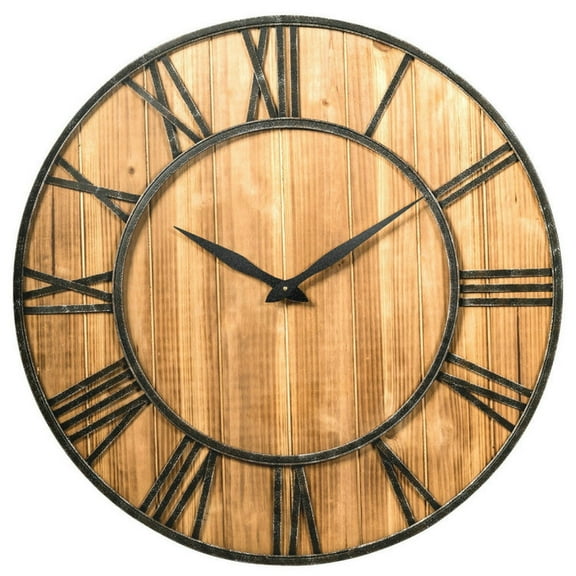 Spaco 30 inch Round Wall Clock with Battery, Decorative Wooden Silent Clock, Wall Clock with Round Metal Frame, Old-Fashioned Clock for Indoor, Natural