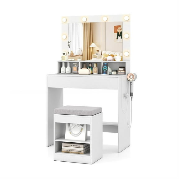 Spaco 31.5-Inch Mini Lighted Vanity Desk, 3 Touch-Control Light Modes, 2 Shelves, 3 Compartments & 1 Drawer, Integrated Charging Station, White