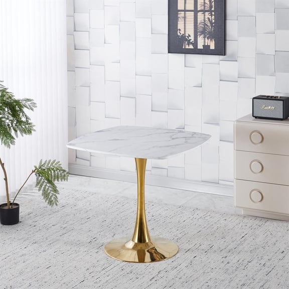 Spaco 31.5" Square Tulip Dining Table, Modern Mid - Century, White MDF Top, Golden Metal Pedestal, for 2 - 4, Golden + White