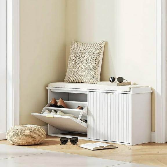 Spaco 31.5x10.2x18.7 Inches Shoe Storage Bench with Padded Seat Cushion and Flip-Drawer, Entryway Bench, Shoe Cabinet for Indoor as Living Room, Entryway, White