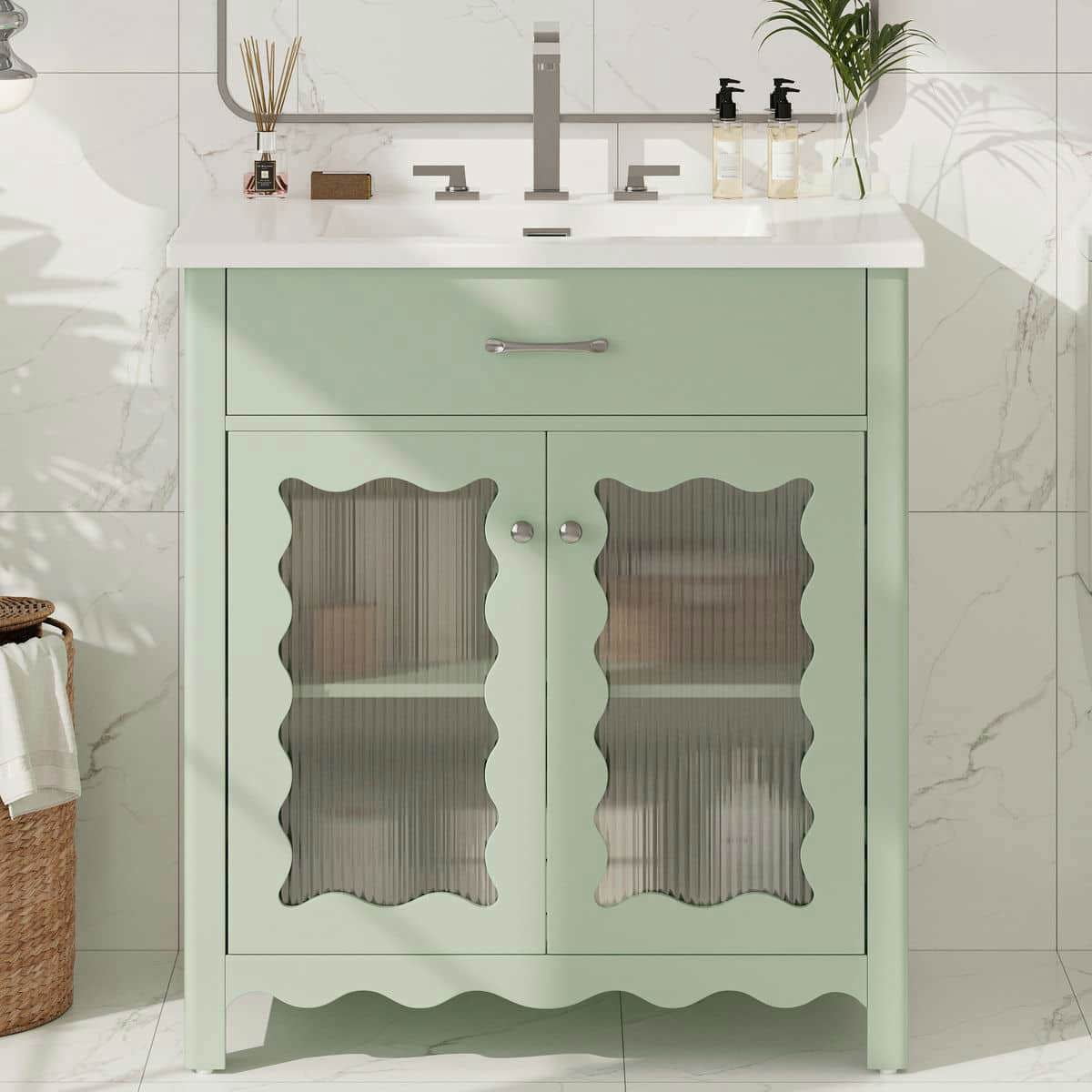 Spaco 31" Bathroom Vanity with Tempered Glass, Modern Bathroom Cabinet with Rubber Wood Legs and Soft Close Doors for Indoor, Green