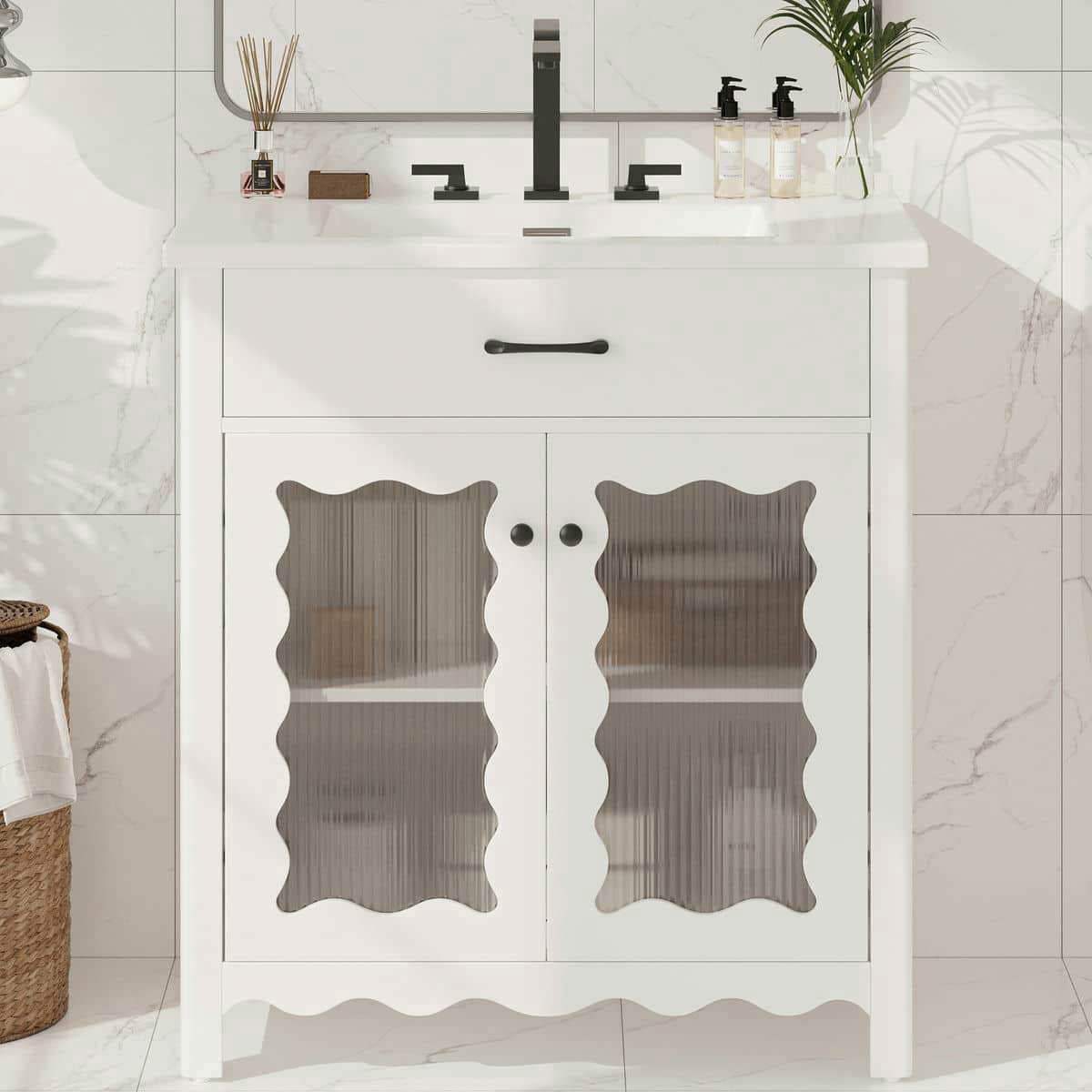 Spaco 31" Bathroom Vanity with Tempered Glass, Modern Bathroom Cabinet with Rubber Wood Legs and Soft Close Doors for Indoor, White