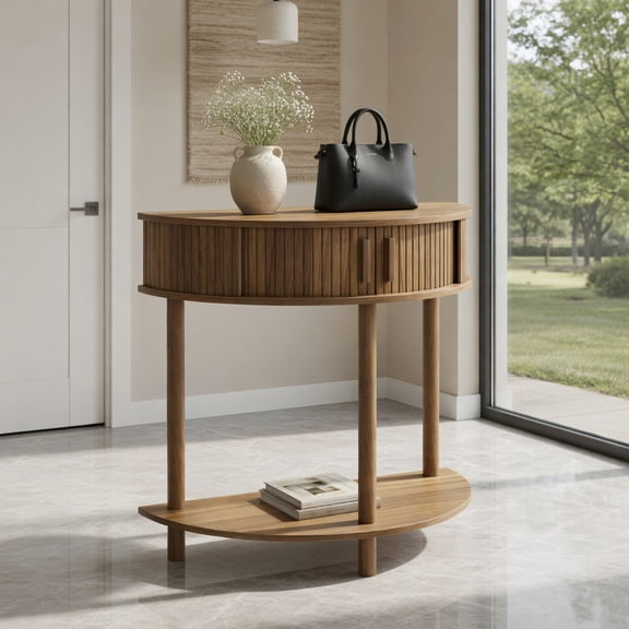 Spaco 31" Half-Moon Walnut Console Table, Space-Saving Fluted Sofa Table with Sturdy Wood Legs