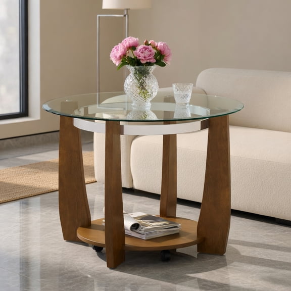 Spaco 32" 2-Tier Round Glass Coffee Table, Tempered Glass Tabletop, Lower Storage Shelf, Lockable Rolling Wheels, Transparent & Walnut