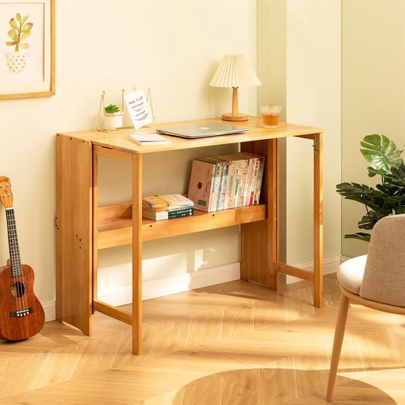 Spaco 32" Bamboo Folding Desk, Space-Saving Computer Desk for Small Spaces, Foldable Study Table for Bedroom, Home Office, Dorm, Apartment, Beige