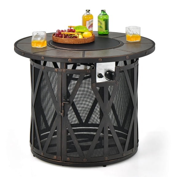 Spaco 32 Inch 30000BTU Fire Pit Table with Fire Glasses and PVC Cover, Outdoor Fire Pit for Outdoor, Outside Patio Deck and Garden