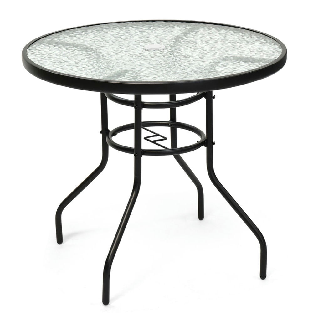 Spaco 32 Inch Patio Tempered Glass Steel Frame Round Table, Round Table with Convenient Umbrella Hole, Round Tempered Glass Table for Balcony, Garden, Backyard, Poolside, Brown Spaco 32 Inch Patio Tempered Glass Steel Frame Round Table, Round Table with Convenient Umbrella Hole, Round Tempered Glass Table for Balcony, Garden, Backyard, Poolside, Brown