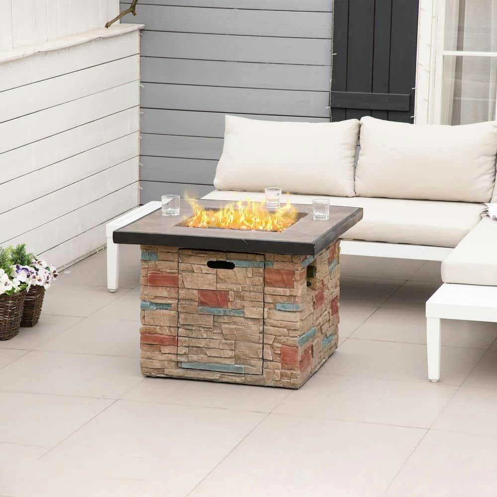 Spaco 32 Inch Propane Gas Fire Pit Table, 50,000 BTU Auto-Ignition Square Firepit with Lava Rocks and Rain Cover, Faux Ledge Stone Gas Firepit for Outdoor as Patio, Picnic, Backyard, Brown
