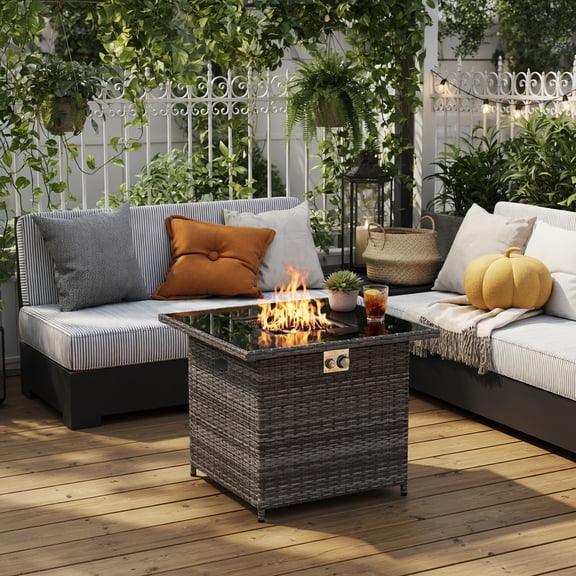 Spaco 32" Propane Fire Pit Table with Tempered Glass Top, 50000 BTU Outdoor Coffee Table, Gray PE Rattan & Stainless Steel