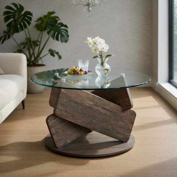 Spaco 32" Round Glass Coffee Table, Tempered Glass Tabletop, Rubberwood Base Frame, Aluminum Support Bars, Gray