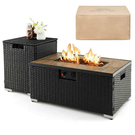 Spaco 32 x 20 Inch Propane Rattan Fire Pit Table Set with Side Table Tank and Cover-Black, Outdoor Fire Pit for Outdoor, Outside Patio Deck and Garden