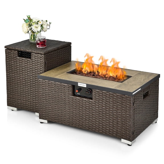 Spaco 32 x 20 Inch Propane Rattan Fire Pit Table Set with Side Table Tank and Cover-Brown, Outdoor Fire Pit for Outdoor, Outside Patio Deck and Garden