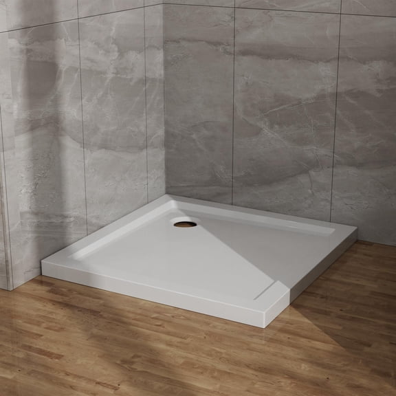 Spaco 32x32in Shower Base, Centered Drain No Threshold, 5-Layer ABS & Acrylic, Scratch-Resistant, Bathroom Renovation, White