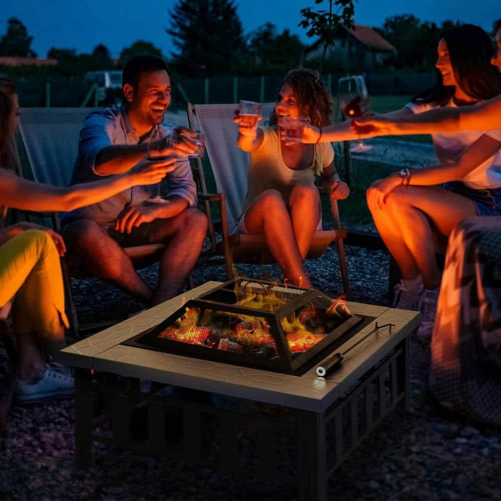 Spaco 34" Outdoor Fire Pit with Spark Screen and Waterproof Cover, Square Steel Wood Burning Firepit Bowl, Fire Pit with with Log Grateand Poker for Patio, Picnic, Backyard, Gray