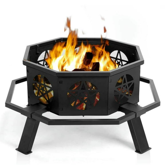 Spaco 35-inch Fire Pit with Footrest and Pentagram Ventilation Opening, Octagonal Fire Pit, Fire Pit for Outdoor as Patio, Picnic, Backyard, Black