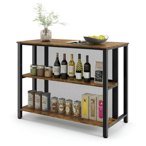 Spaco 36 Inch 3-Tier Bar Table with Storage Metal Frame Adjustable Foot Pads for Dining Room-Rustic Brown, Counter Height Table, Kitchen Bar Height Table and Chairs for Dining Room, Small Space