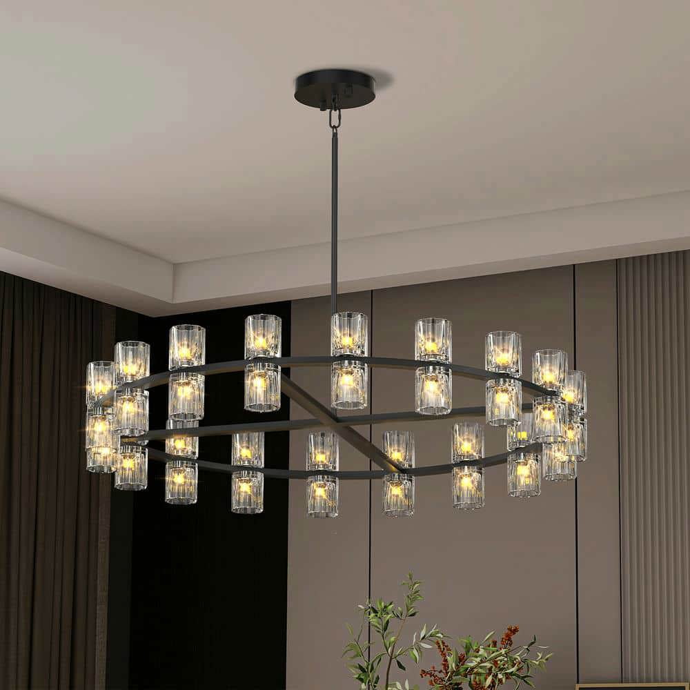 Spaco 36 Inches Luxury Chandeliers Crystal with Bulbs, Simple Decorative Lights, Modern LED Lighting for Indoor as Living Room, Dining Room, Black