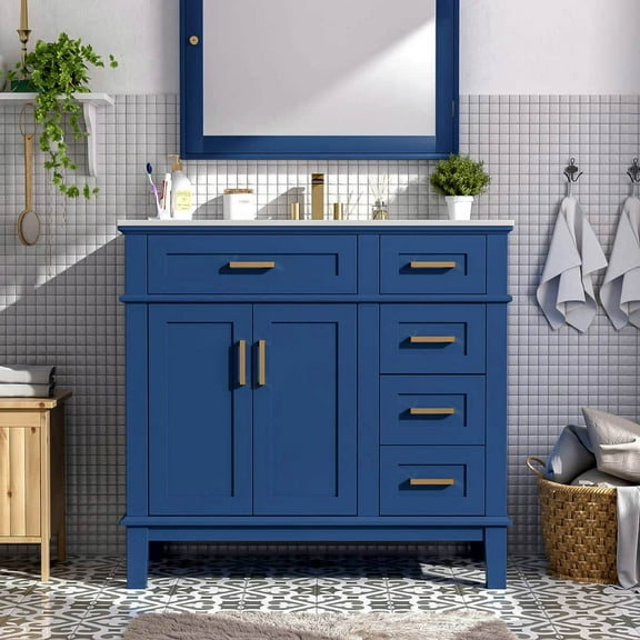 Spaco 36" Luxury Elegant Bathroom Vanity with Ceramic Sink and Soft Closing Doors, Modern Wood Vanity with 1 Adjustable Shelf and 4 Durable Smooth Soft-close Drawers for Indoor, Blue