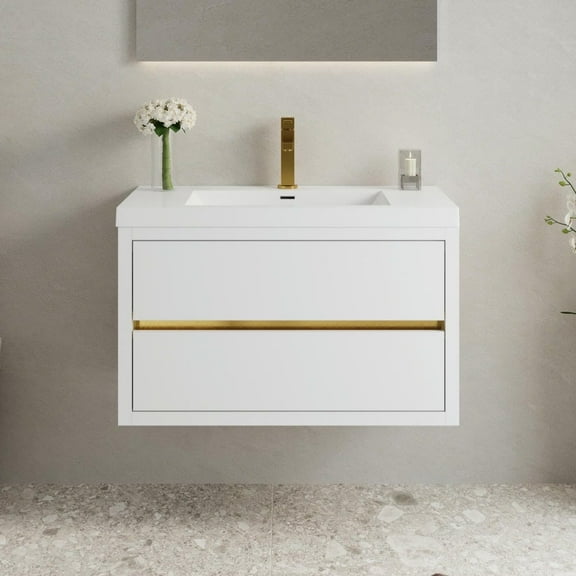 Spaco 36" Wall-Mounted Bathroom Vanity with Sink, Floating Bathroom Storage Cabinet with Stone Resin Countertop and Soft Close Drawers, White