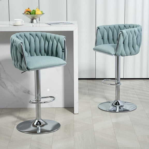 Spaco 360° Fabric Cover Swivel Bar Stools Set of 2, Adjustable Counter Height Bar Chairs with Woven Back & Footrest, Silver Chromed Bar Stools for Kitchen Island, Blue