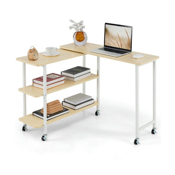 Spaco 360° Rotating Sofa Side Table with 2-Tier Storage Shelves-Natural, Couch Snack Table for Home