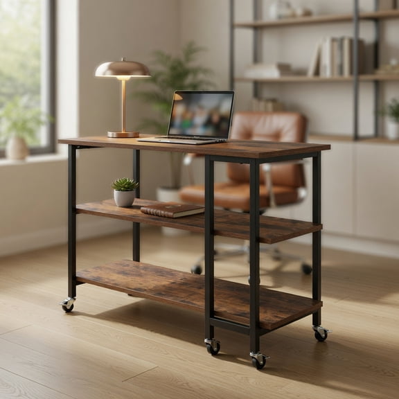Spaco 360 Rotating Sofa Side Table with 2-Tier Storage Shelves-Rustic Brown, Office Desk, Gaming Computer Desks for Study,Working,Writing