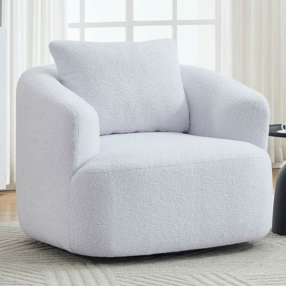 Spaco 360° Swivel Round Upholstered Comfy Chair, Single Sofa with One Soft Pillow, Teddy Fleece High-Resilience Sponge Sofa for Indoor as Living Room, Bedroom, White