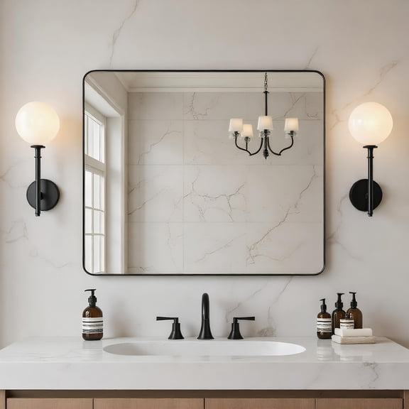 Spaco 36x30 Inch Rounded Corner Wall Mirror, Matt Black Frame, Unbreakable Tempered Glass, Anti-Desilvering, High Color Accuracy, Multi-Orientation