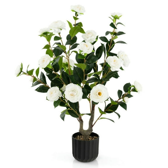 Spaco 38 Inch Artificial Flower Plant in Cement Pot, Artificial Camellia Tree Faux Flower Plant, Artificial Flower for Indoor and Outdoor, White