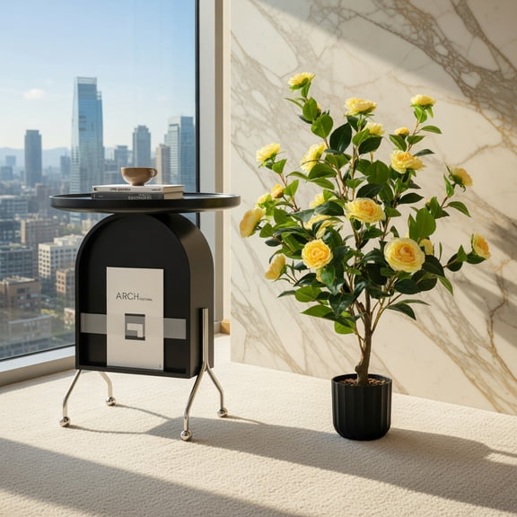 Spaco 38 Inch Artificial Flower Plant in Cement Pot, Artificial Camellia Tree Faux Flower Plant, Artificial Flower for Indoor and Outdoor, Yellow