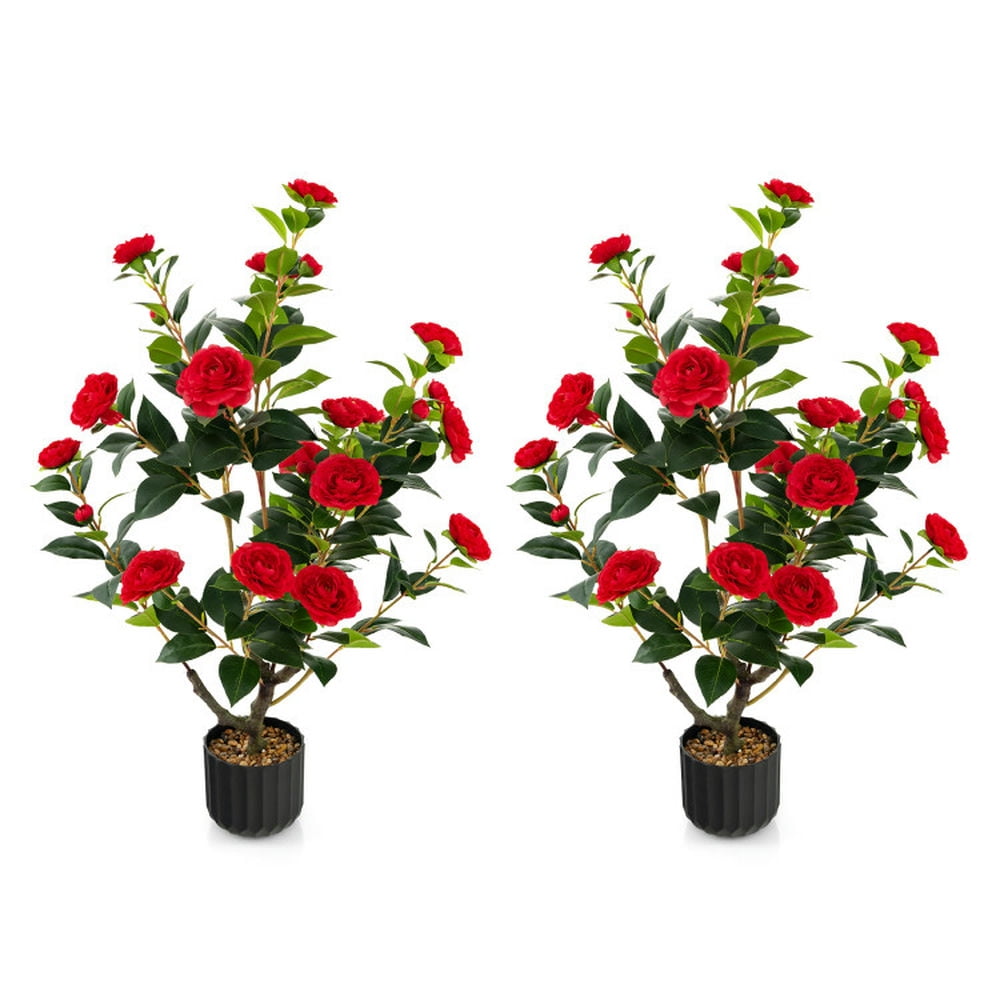 Spaco 38 inch Artificial Camellia Tree, Faux Flower Plant in Cement Pot 2 Pack, Artificial Plant Faux Flower Plant for Indoor and Outdoor, Red