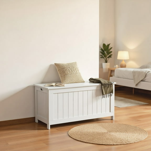 Spaco 39.4" Storage Trunk with 2 Safety Hinges and Storage Chest, Wooden Storage Bench with Side Handles for Indoor as Living Room, Entryway, White