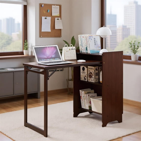 Spaco 39" Bamboo Folding Desk, Foldable Desk for Small Space, Computer Desk with Hidden Storage and Built-in Socket for Home Office and Bedroom, Brown
