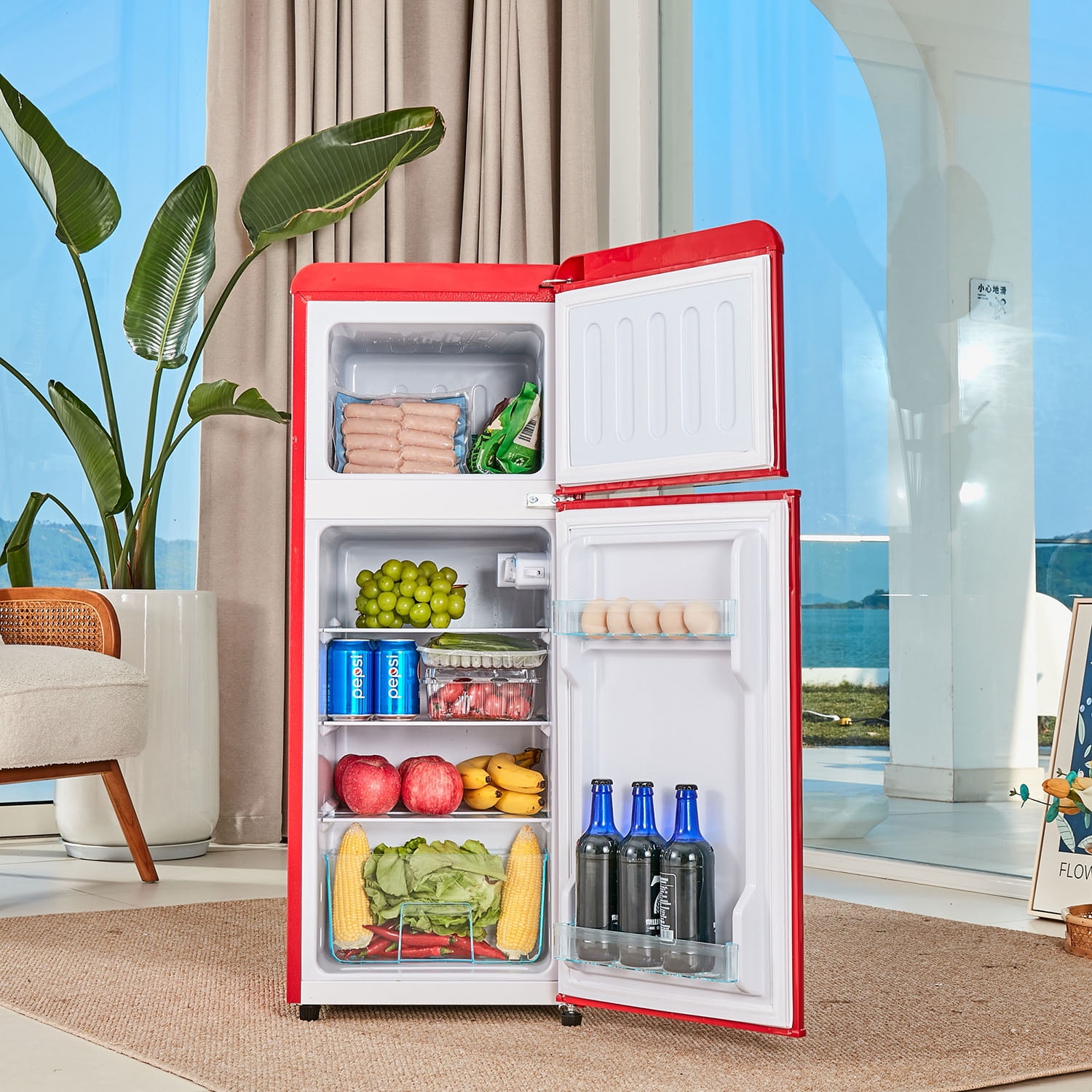 Spaco 4.5 cu. ft. Dual Zone Refrigerator, 3.3 Fridge + 1.2 cu. ft. 4-Star Freezer, 7 Temperature Settings, 45 dB, LED Lighting, Red Spaco 4.5 cu. ft. Dual Zone Refrigerator, 3.3 Fridge + 1.2 cu. ft. 4-Star Freezer, 7 Temperature Settings, 45 dB, LED Lighting, Red