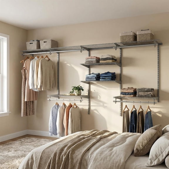 Spaco 4-8 Feet Closet Storage System 7 Shelves 5 Hanging Rods 12.5FT Hanging Space 18FT Shelf Space Powder Coated Heavy Metal Adjustable, Grey