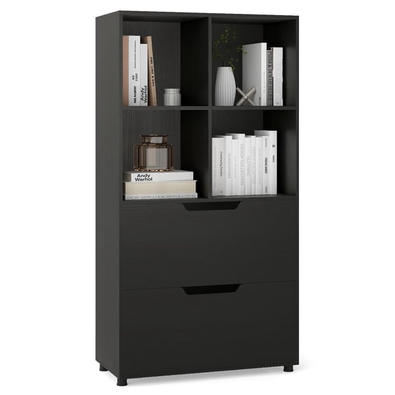 Spaco 4-Cube Bookcase - 51-Inch Stable Structure, 2 Drawers Smooth Sliding, Freestanding, Black
