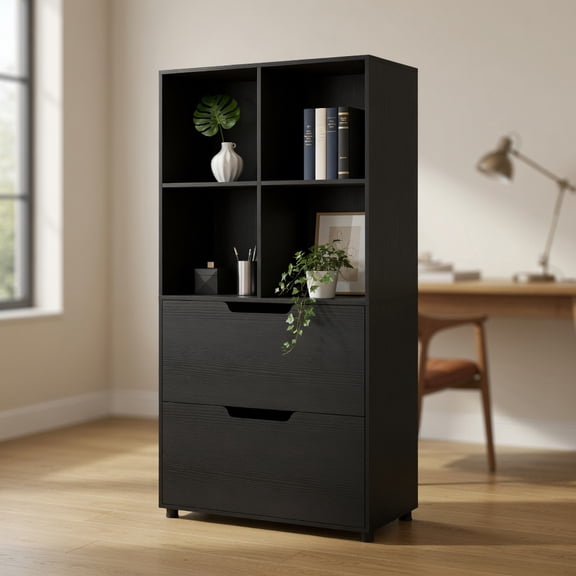 Spaco 4-Cube Bookcase - 51-Inch Stable Structure, 2 Drawers Smooth Sliding, Freestanding, Black