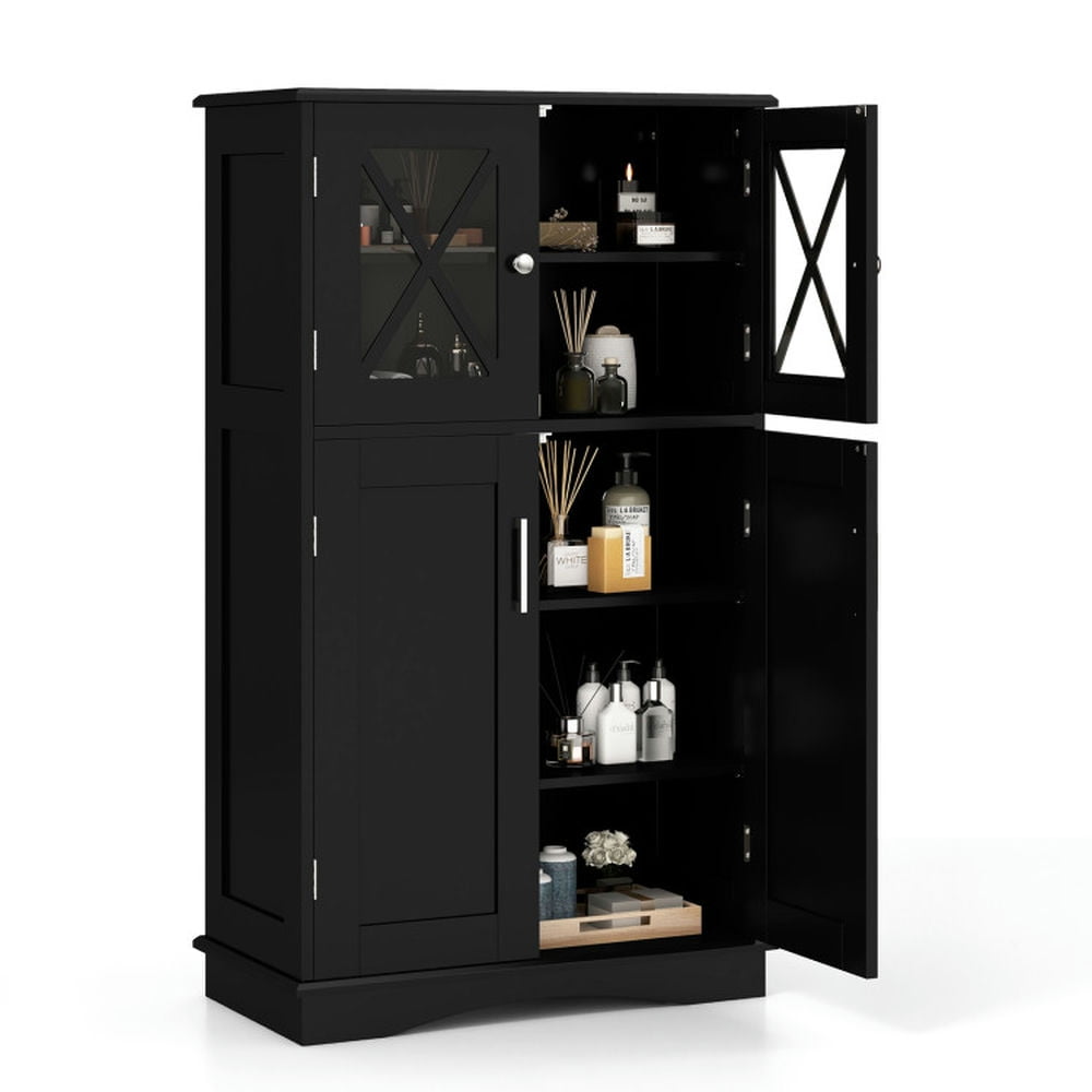 Spaco 4 Doors Freeestanding Bathroom Floor Cabinet with Adjustable Shelves-Black, Bathroom ...