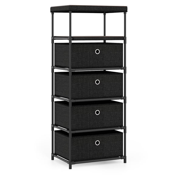 Spaco 4-Drawer Fabric Storage Tower, MDF Wood Top & Metal Frame, Foldable Removable Drawers, Rustic Brown & Black