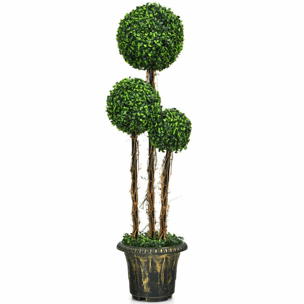 48" Green Artificial Triple Ball Topiary Tree in Black Pot
