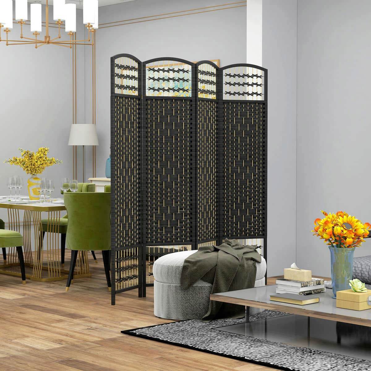 Spaco 4 Panel 5.6 FT Tall Room Divider, Folding Screen for Indoor as Living Room, Bedroom, Black