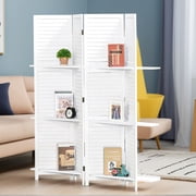 Spaco 4 Panel 67" Tall Wood Privacy Screen, Room Divider with 3 Shelves and Folding Storage, Room Divider for Indoor as Living Room, Entryway, White