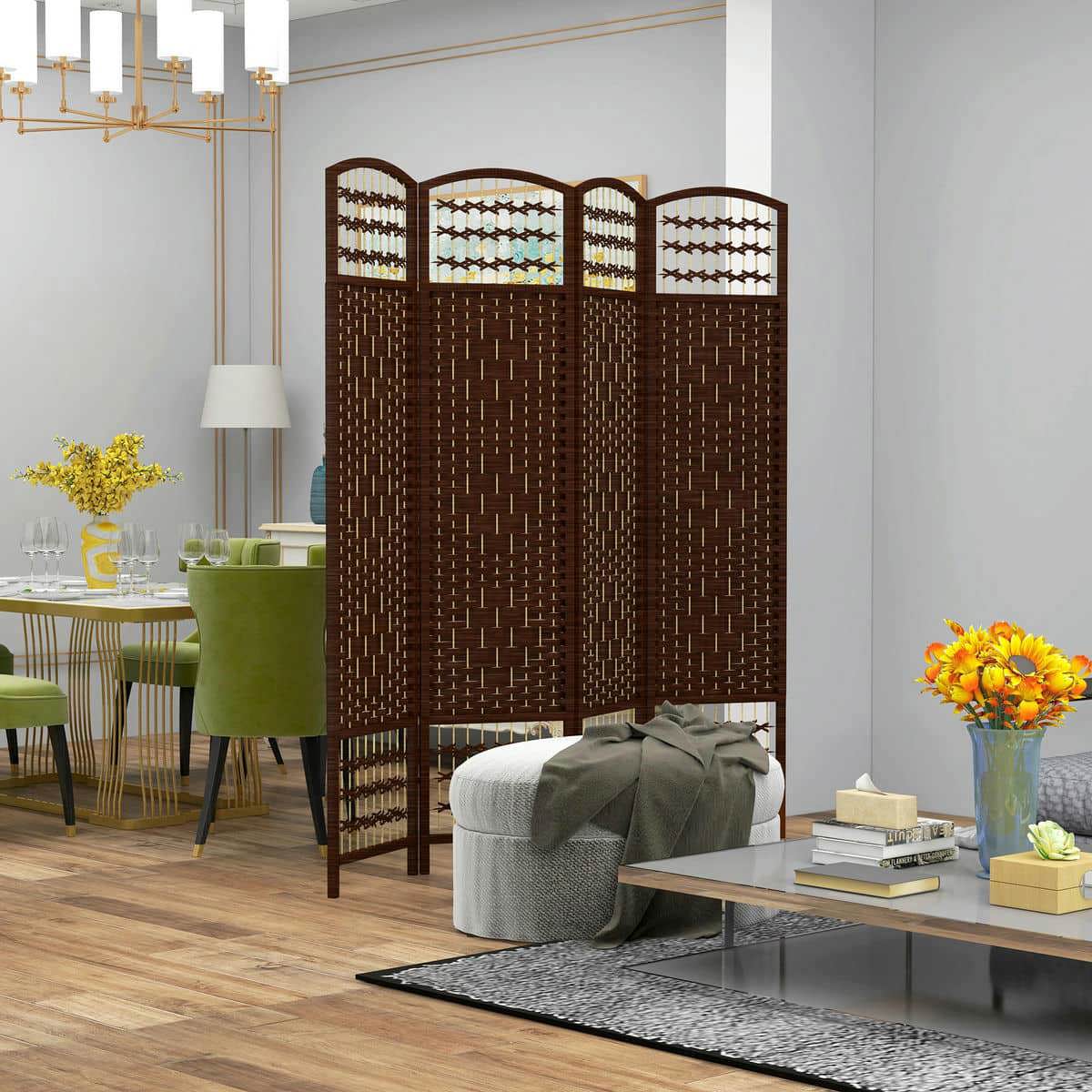 Spaco 4 Panel Folding Room Divider, Portable Privacy Screen, Wave Fiber Room Partition for Indoor as Living Room, Bedroom, Brown