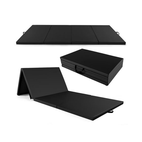 Spaco 4-Panel PU Leather Folding Exercise Mat with Carrying Handles-Black, Folding Thick Exercise with Carrying Handles for MMA, Gymnastics, Stretching, Core Workouts