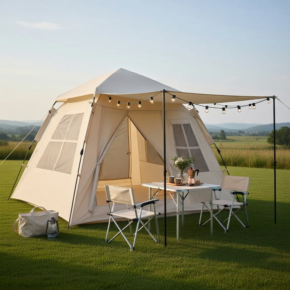Spaco 4-Person Automatic Pop-Up Camping Tent with Rainfly, Dual Doors & Ventilation Mesh, Beige PFAS-Free Oxford Fabric Tent for Easy Setup & All-Season Use