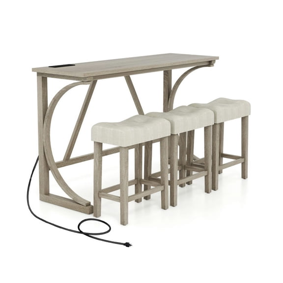 Spaco 4-Piece Bar Table Set with Power Outlet and Upholstered Saddle Seat Stools-Grey and Beige,