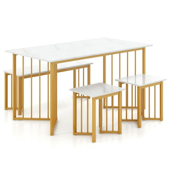 Spaco 4 Piece Dining Table Set with Bench and 2 Stools-White,