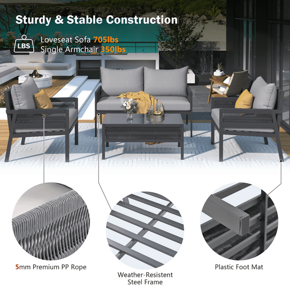 Spaco 4-Piece Rope Patio Furniture Set, Outdoor Furniture with Tempered Glass Table, Conversation Set Deep Seating with Thick Cushion for Backyard Porch Balcony, Gray