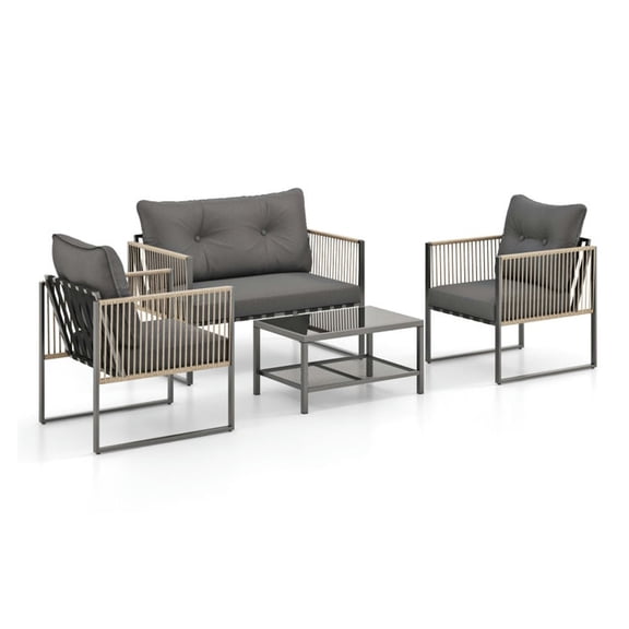 Spaco 4 Pieces Outdoor PE Rattan Conversation Sofa Set with Cushions, Patio Furniture Set for Outdoor as Garden, Yard, Grey