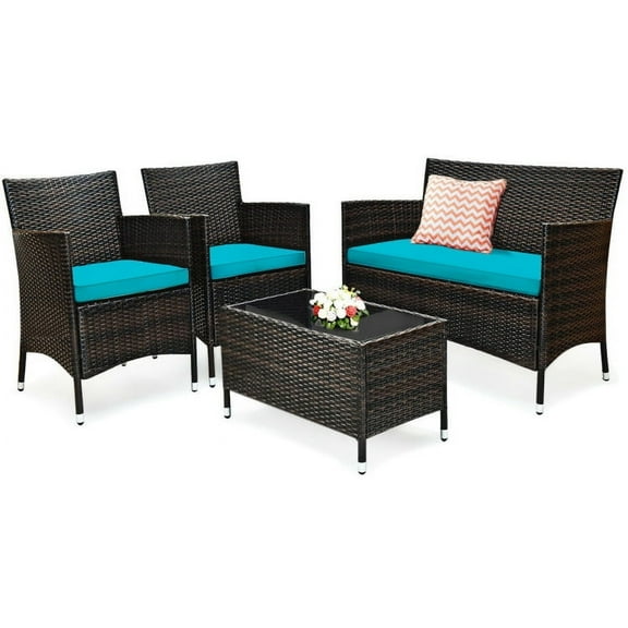 Spaco 4 Pieces Patio Cushioned Wicker Conversation Set, All Weather Outdoor Sectional Sofa, Manual Weaving Wicker Rattan Outdoor Conversation Set with Acacia Wood Tabletop